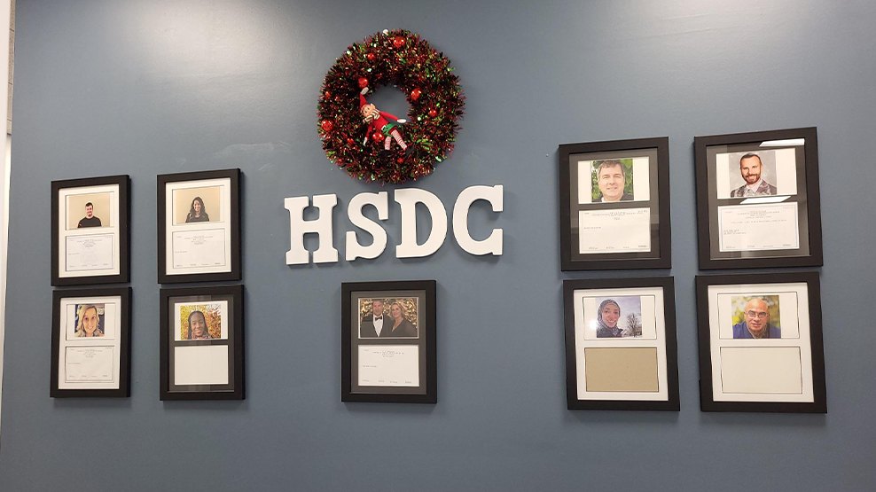Wall in office with wreath on it