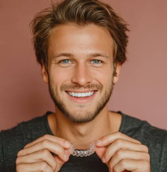 Handsome man holding clear aligner