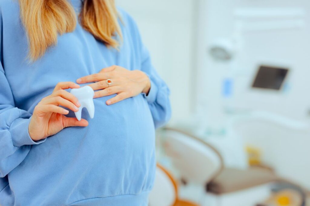 A pregnant woman holding a model tooth